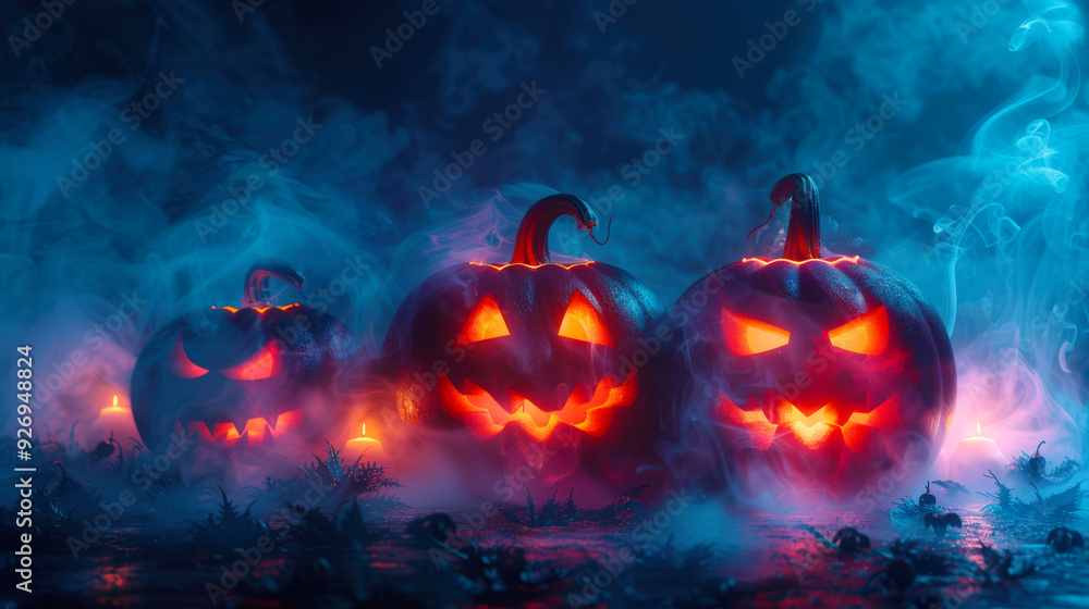 Decorations for Halloween. Three pumpkins with glowing eyes stand on the ground in blue smoke and are illuminated in the dark. The action takes place in a hazy, eerie atmosphere Decorations for Halloween. Three pumpkins with glowing eyes stand on the ground in blue smoke and are illuminated in the dark. The action takes place in a hazy, eerie atmosphere