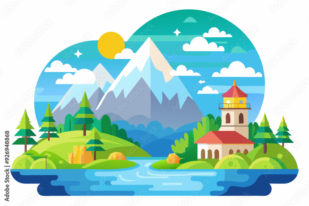 Fototapeta premium Mountain Landscape With Tower, River, and Sun