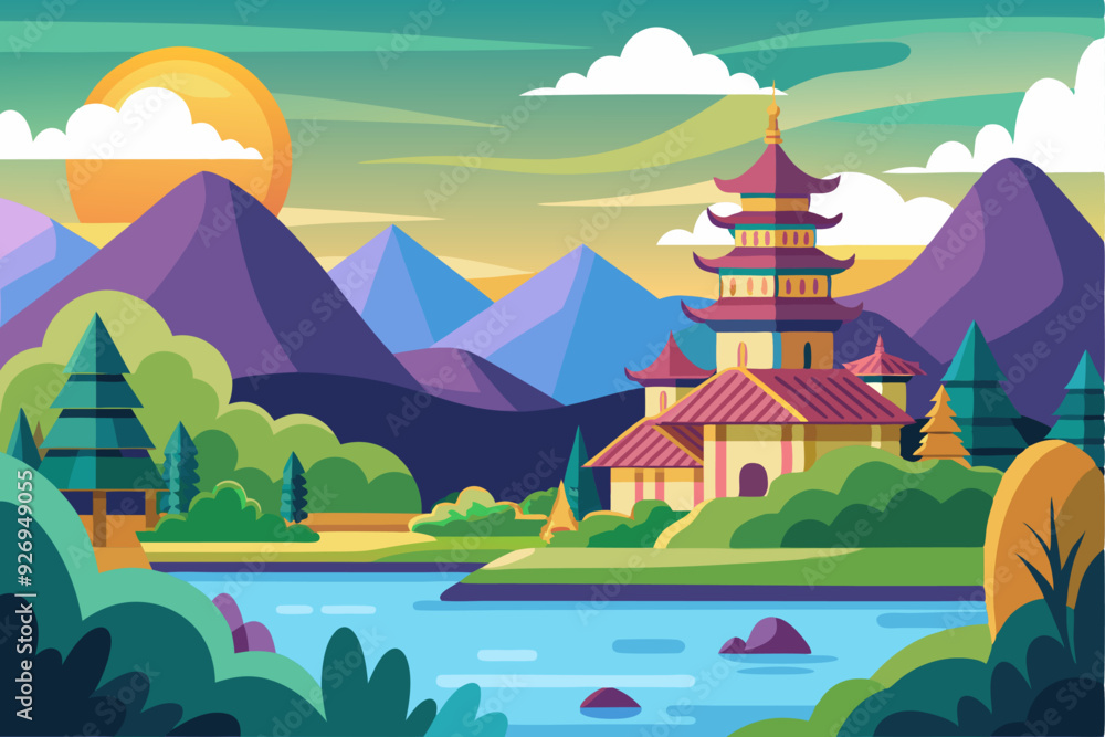Naklejka premium A Serene Asian-Inspired Landscape with a Pagoda and Mountains
