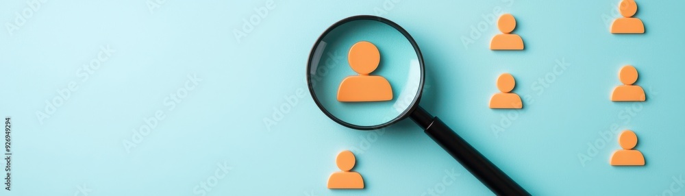 A magnifying glass focusing on a person icon amidst smaller icons on a teal background, symbolizing search and focus. A magnifying glass focusing on a person icon amidst smaller icons on a teal background, symbolizing search and focus.
