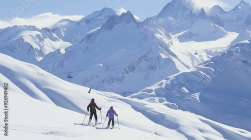 Two skiers on a snowy mountain slope with a view of the peaks.