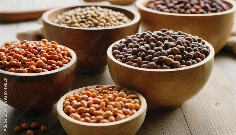 A variety of nuts in wooden bowls A variety of nuts in wooden bowls