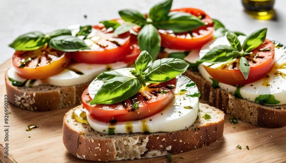 Freshly made bruschetta with ripe tomatoes and basil Freshly made bruschetta with ripe tomatoes and basil