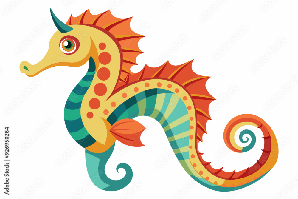 Obraz premium Colorful Cartoon Sea Horse with Striped Body and Spiral Tail