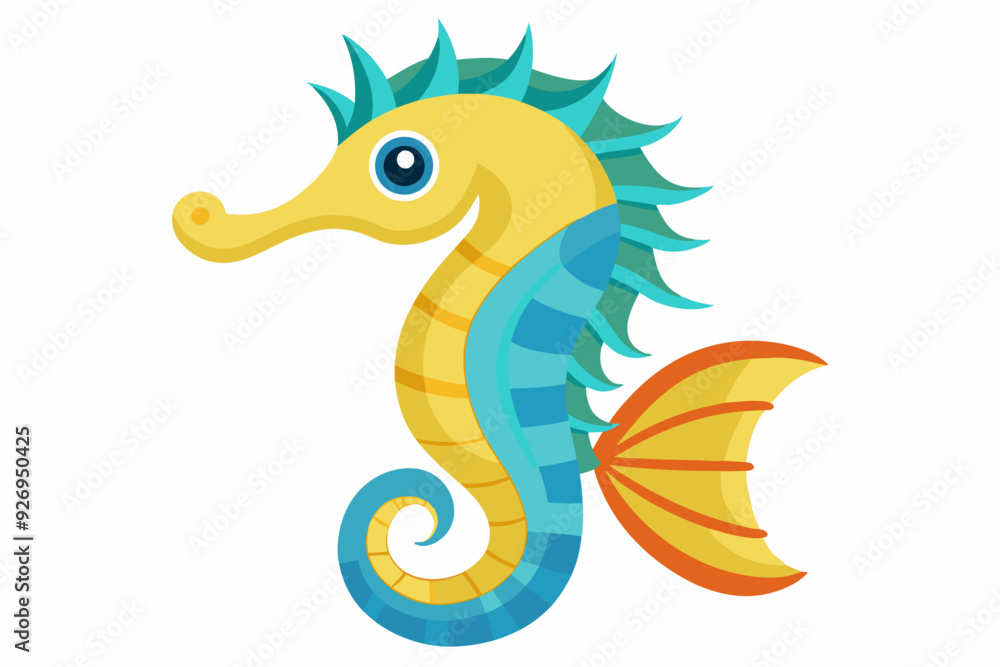 Fototapeta premium A Cartoon Sea Horse with Blue and Yellow Stripes and a Curved Tail