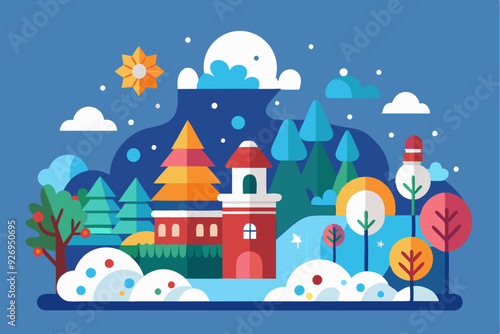 A Colorful Winter Scene with a Red-Roofed Building and Snowy Trees