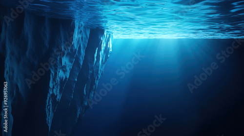 An underwater view featuring stunning blue water and a dramatic cliff edge illuminated by soft light from above.