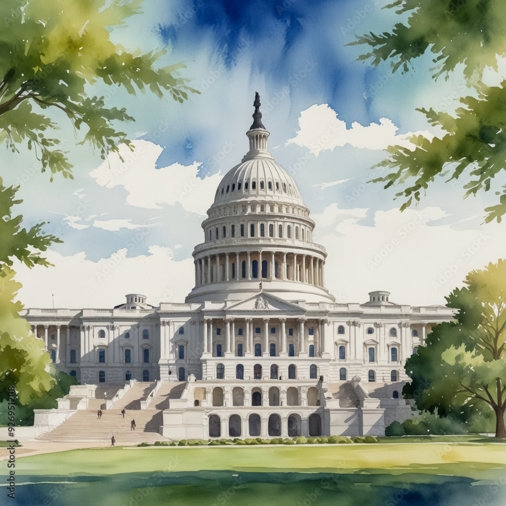 Obraz premium Watercolor illustration of the Rhode Island State House in Providence, highlighting its impressive architecture and prominent dome.