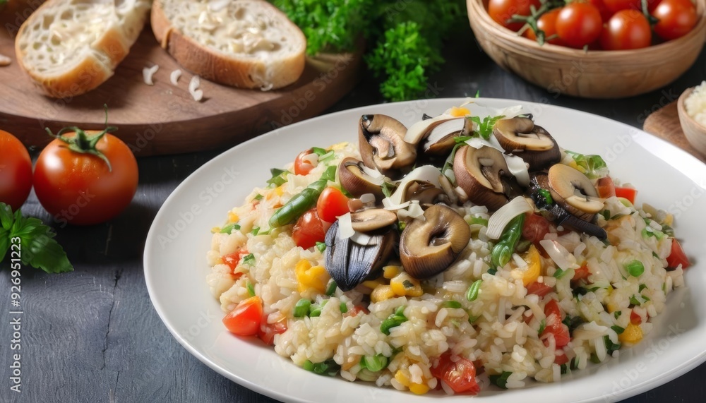 Delicious and colorful rice and mushroom dish Delicious and colorful rice and mushroom dish