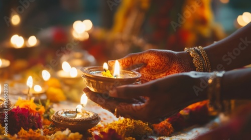 Hands adorned with henna holding a traditional oil lamp during a festive celebration, surrounded by flowers and decorative lights. photo