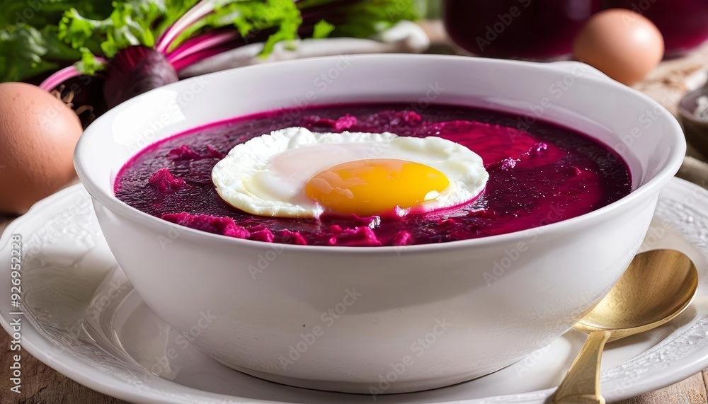Deliciously vibrant beetroot soup with a poached egg on top Deliciously vibrant beetroot soup with a poached egg on top