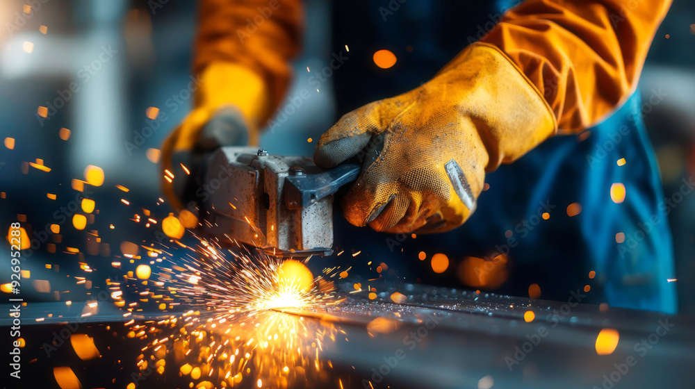 Worker grinding metal with sparks illuminating the protective gl Worker grinding metal with sparks illuminating the protective gl