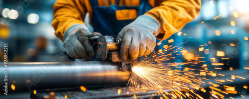 Protective-gloved worker grinding a metal pipe, dramatic sparks