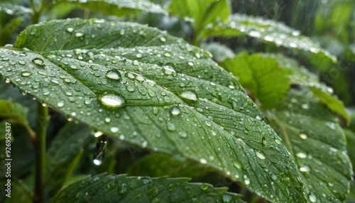  Raindrops on a leafy green plant closeup