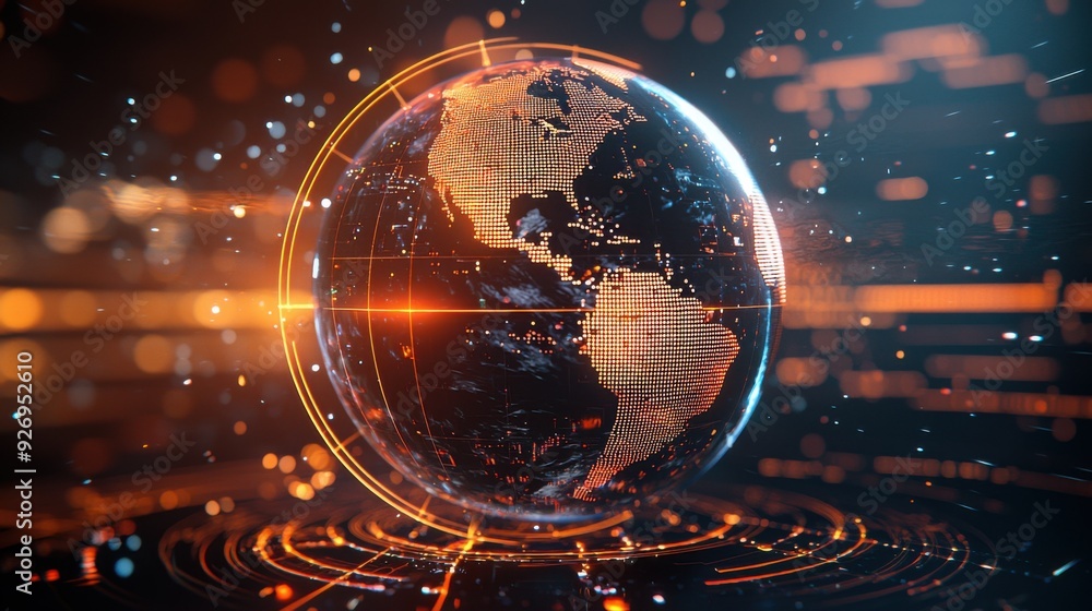 A visually striking 3D Earth icon, set against a digital stage with ...