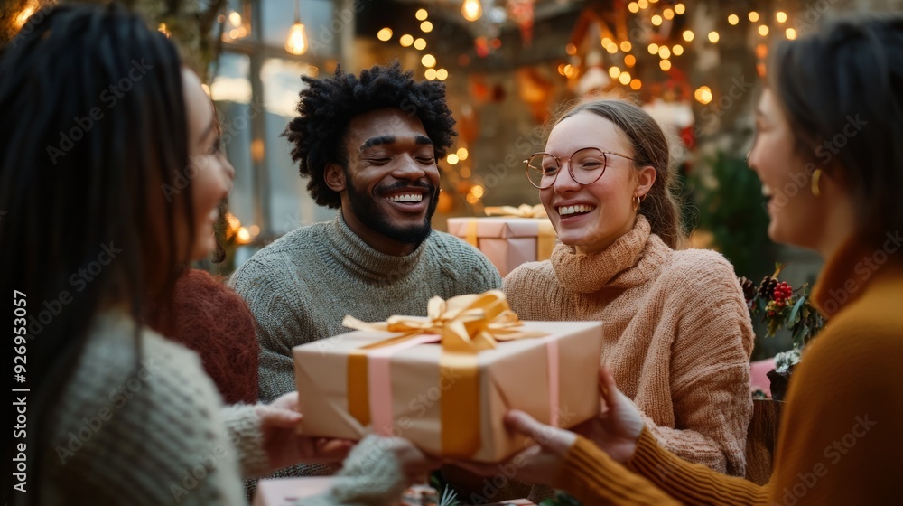 Group of friends exchanging gifts and enjoying festive ambiance with lights and decorations. Group of friends exchanging gifts and enjoying festive ambiance with lights and decorations.