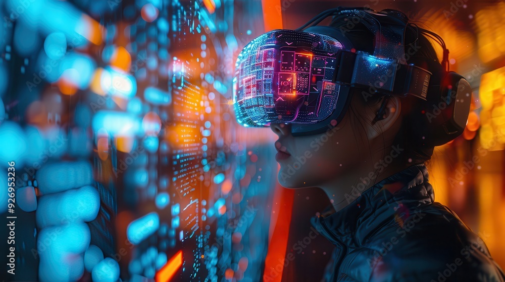 Embracing the Future: Person Engaging with AI-Enhanced Wearable Device in Virtual Reality Experience, Blank Space for Text on Right Side Embracing the Future: Person Engaging with AI-Enhanced Wearable Device in Virtual Reality Experience, Blank Space for Text on Right Side