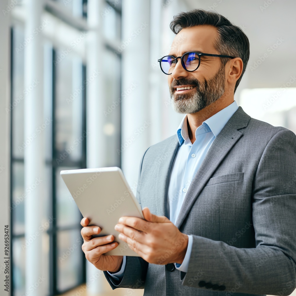 A sophisticated middle-aged financial executive is depicted, exuding professionalism as he utilizes a digital tablet. With a confident smile, this mature businessman gazes thoughtfully into the distan A sophisticated middle-aged financial executive is depicted, exuding professionalism as he utilizes a digital tablet. With a confident smile, this mature businessman gazes thoughtfully into the distan