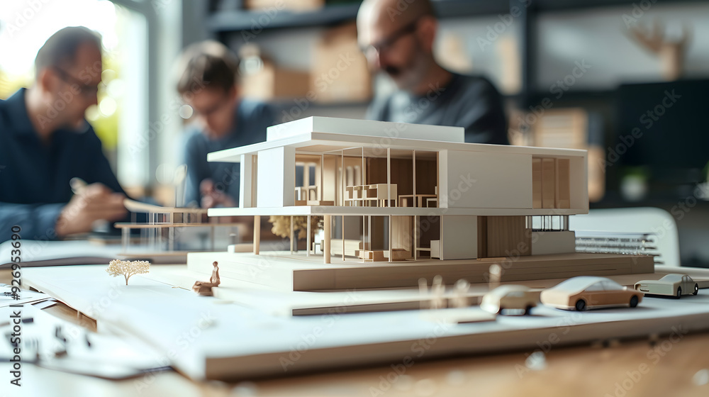 Architects with model of house sitting at the desk indoors in office, working. Architects with model of house sitting at the desk indoors in office, working.