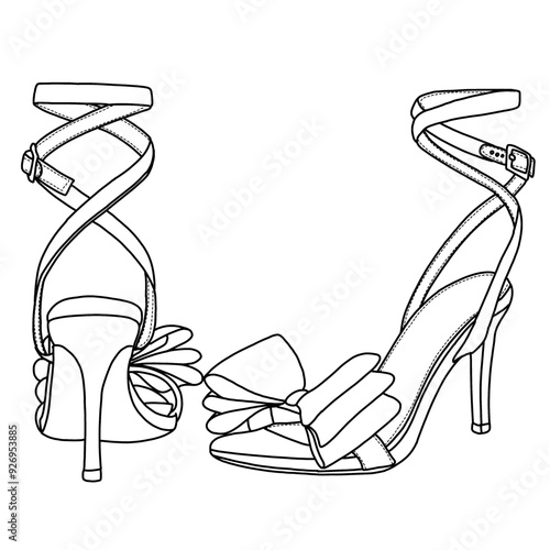 Women's Stiletto High Heeled Sandals Strappy Open Toe Bow Line art, Technical sketch hand drawing outline vector doodle illustration isometric and rear view isolated on white background