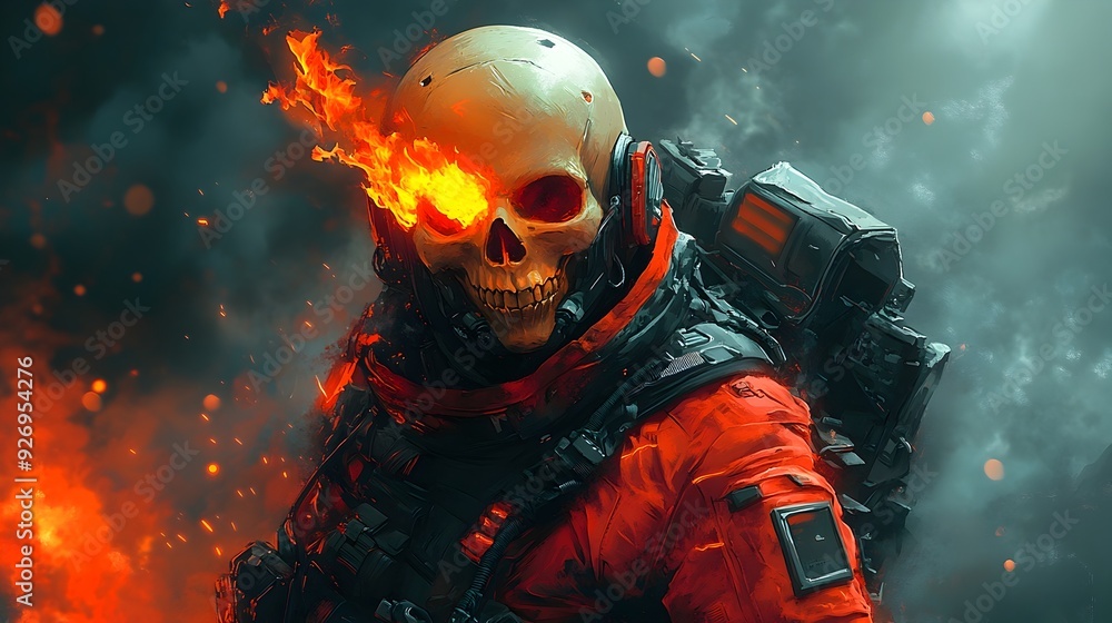Fototapeta premium Futuristic Special Ops Soldier with Flaming Skull Visage in Cinematic Composition