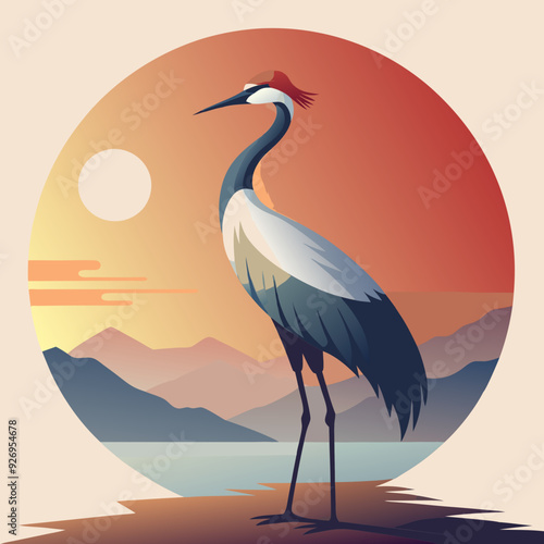 heron on sunset background silhouette vector illustration