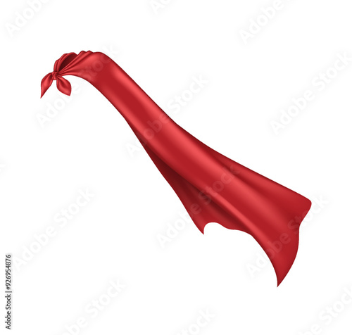 Flattering red satin hero cape realistic vector illustration. Brave protector uniform accessory tied on shoulders 3d object on white background