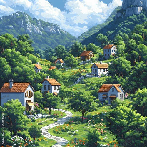 Enchanting Pixel Art Landscape with Quaint Village Nestled Among Lush Hills and Forests