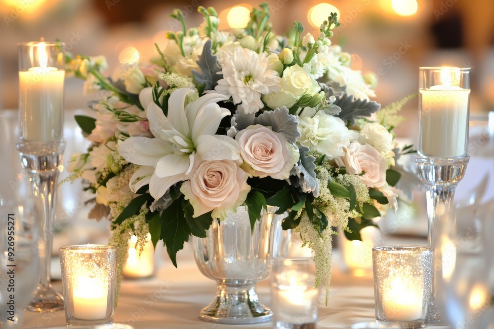 Obraz premium Elegant white and pink floral centerpiece with candles on a table, perfect for weddings and formal events.