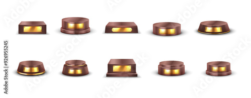 Empty podiums with mockup metal nameplates realistic vector illustration set. Classic displays items demonstration 3d models on white background