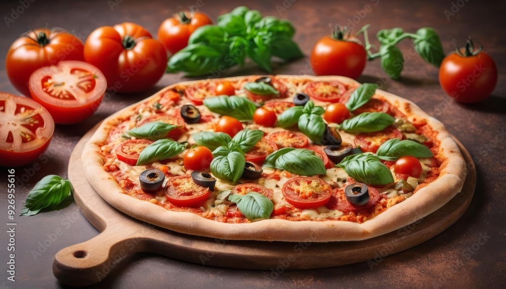 Freshly baked pizza with vibrant toppings ready to be savored Freshly baked pizza with vibrant toppings ready to be savored