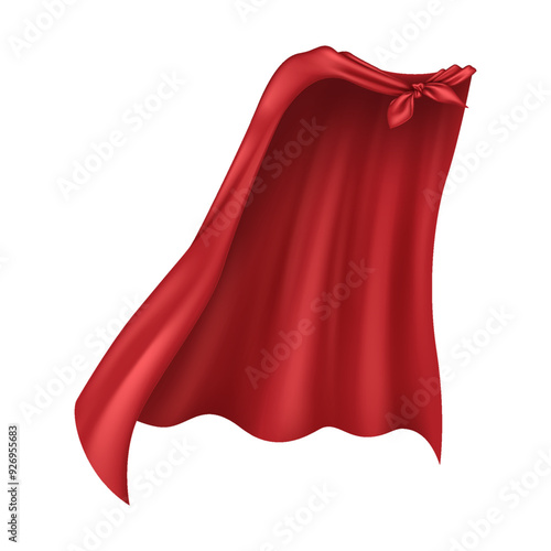 Silk superhero cloak tied on imaginary shoulders realistic vector illustration. Role play costume party clothing 3d object on white background