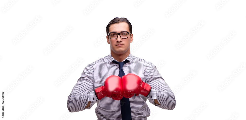 Aggressive businessman with boxing gloves isolated on white Aggressive businessman with boxing gloves isolated on white