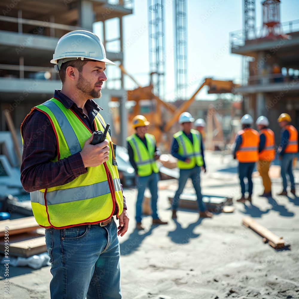 An engineer at a construction site communicates with the team via walkie-talkie, giving instructions under bright sunlight. An engineer at a construction site communicates with the team via walkie-talkie, giving instructions under bright sunlight.