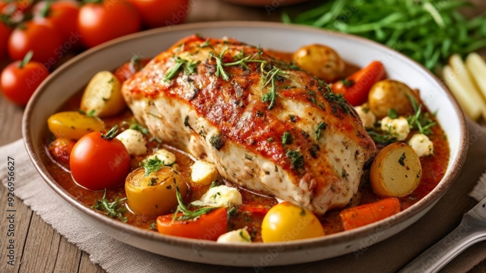 Deliciously seasoned chicken with roasted vegetables ready to be savored Deliciously seasoned chicken with roasted vegetables ready to be savored