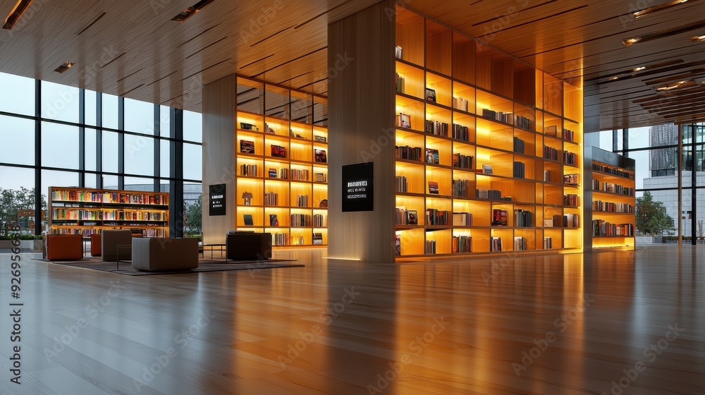 A modern library with sleek, minimalist bookshelves arranged in a grid pattern. The shelves are filled with neatly organized books and a few decorative items. Soft, diffused lighting enhances the A modern library with sleek, minimalist bookshelves arranged in a grid pattern. The shelves are filled with neatly organized books and a few decorative items. Soft, diffused lighting enhances the