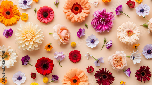Colorful flowers scattered on beige background.