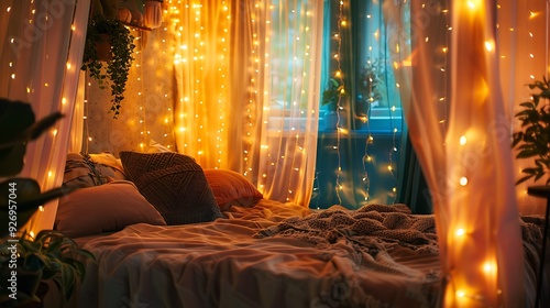 Fairy lights and baldachin in teen bedroom
