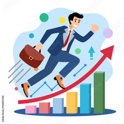 businessman running uphill towards success with growth charts and financial progress symbols