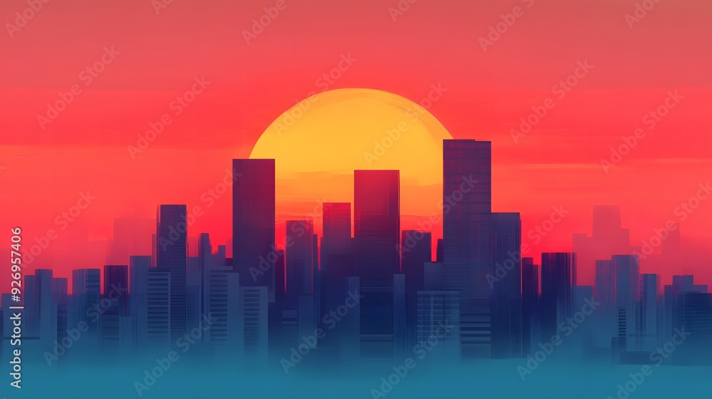 A digital painting of a modern city at dusk, with a large, glowing sun dominating the sky. A digital painting of a modern city at dusk, with a large, glowing sun dominating the sky.