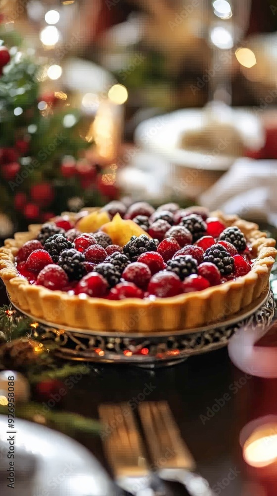 Delicious berry tart with assorted fruits in a festive setting, perfect for holiday celebrations and special occasions. Delicious berry tart with assorted fruits in a festive setting, perfect for holiday celebrations and special occasions.