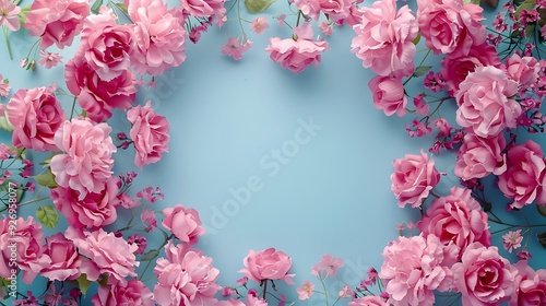 Flowers composition framework of pink roses for valentine day spring concept on colorful background