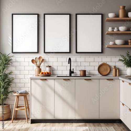 Mockup frames in kitchen interior with sunlight streaming, mockup frame design, frame mockup