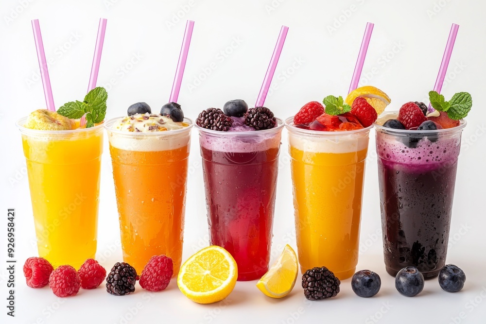 Juices and Floats in Plastic Cup on white background created with Generative AI Juices and Floats in Plastic Cup on white background created with Generative AI