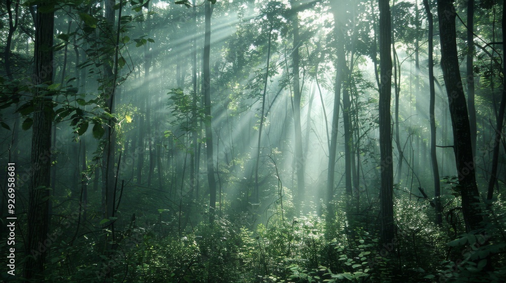 Obraz premium Sun Rays Through Misty Forest