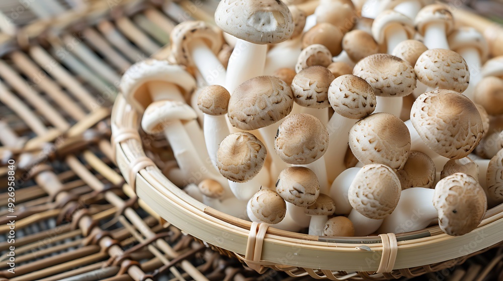 Fresh white and brown shimeji mushroom in a bowl on bamboo sheet on Cristmas Fresh white and brown shimeji mushroom in a bowl on bamboo sheet on Cristmas