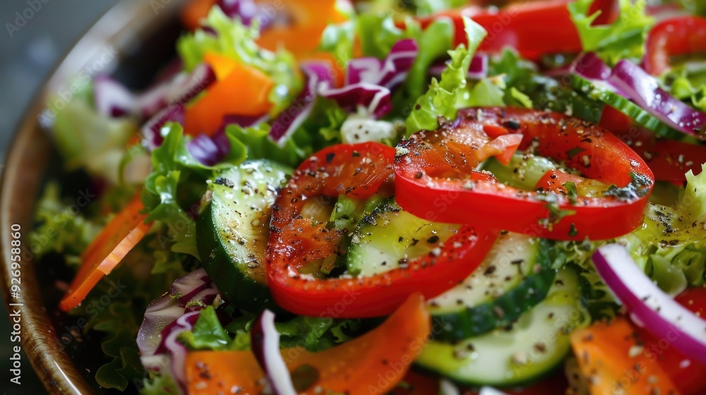 Close-up of a scrumptious and nutritious salad with vibrant vegetables and a mouthwatering dressing.