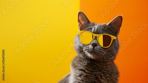 Funny gray cat in yellow sunglasses on yellow and orange background