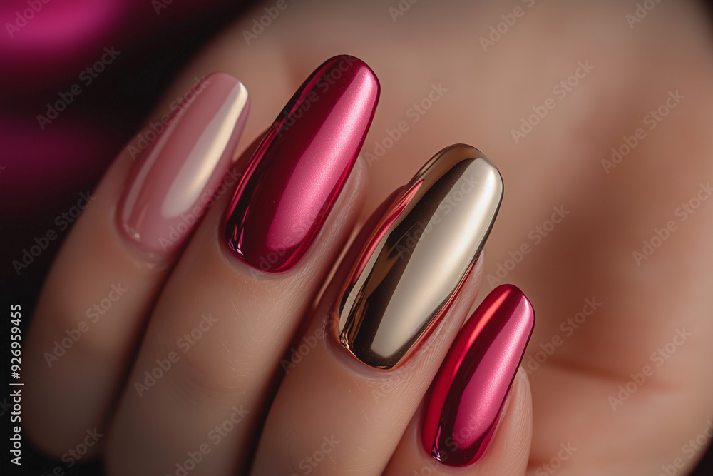 hand with a manicured set of nails, including a gold and red design. The nails are painted in a variety of colors, including pink, gold, and red hand with a manicured set of nails, including a gold and red design. The nails are painted in a variety of colors, including pink, gold, and red