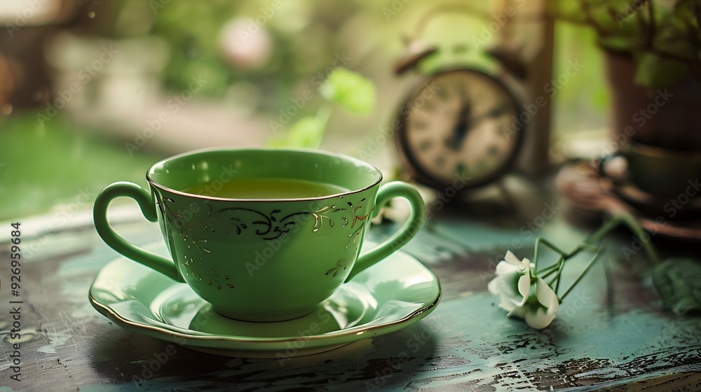 Fototapeta premium Green tea cup and clock on table close up